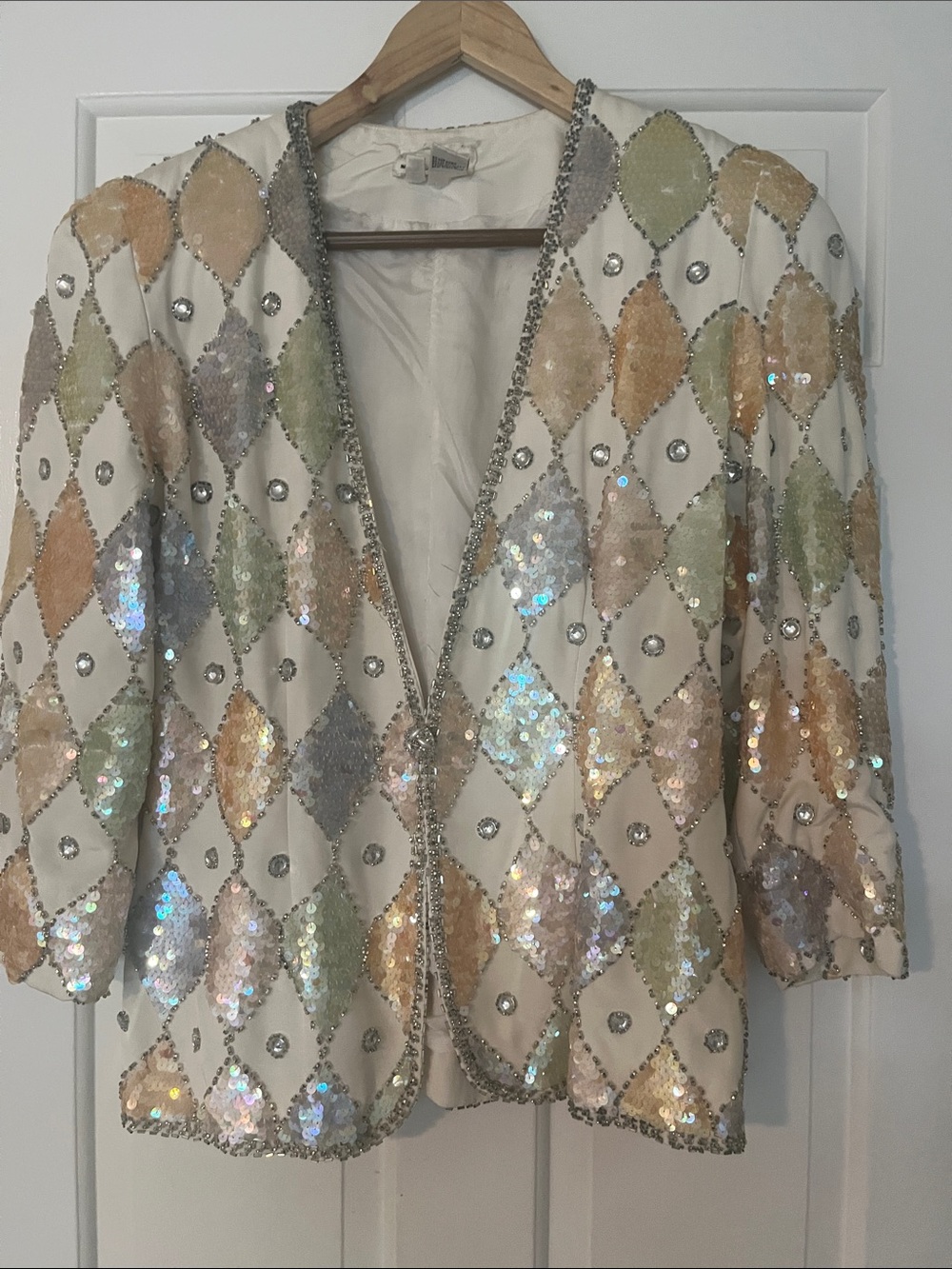 Sequin Embellished Harlequin Jacket – Ivory with Pastel Sequins 
Petite Sz 10